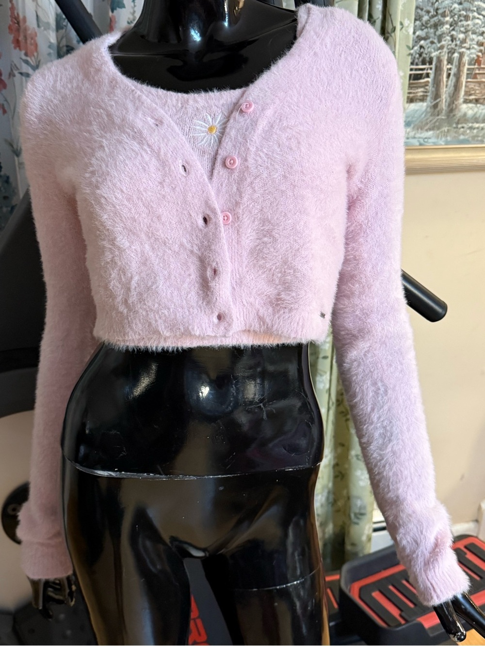 Hollister Pale Pink Fuzzy Cropped Cardigan & Tank Set with Daisy Detail